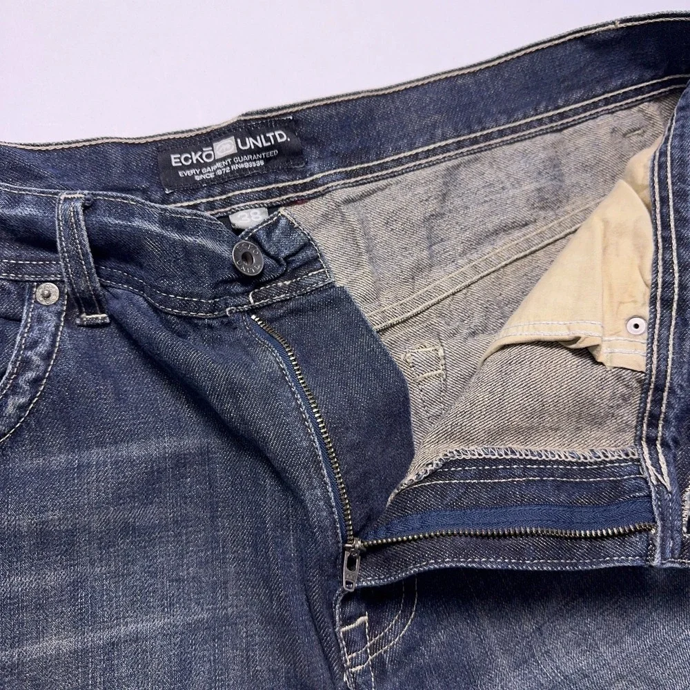 Vintage Ecko Unltd Baggy Denim Shorts Mens 38 Distressed Embroidered Y2K‎